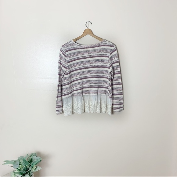 [Altar'd State] Knit Boho Striped Lace Hem Long Sleeve V-neck Sweater Top - Picture 6 of 7